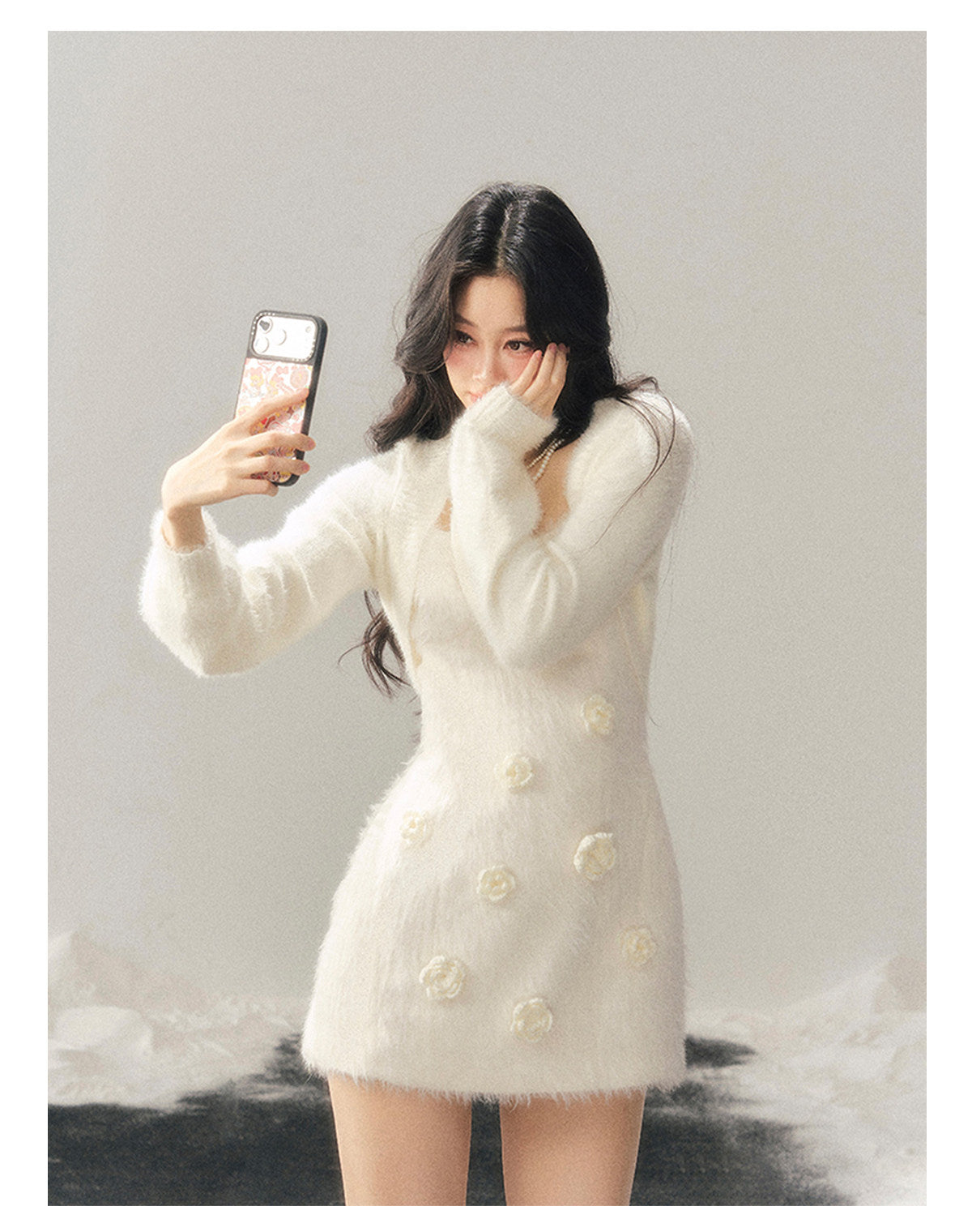 少也眼 "She Steps Through Frostlight" French 3D Floral Faux Mink Mini Dress - Camellia White