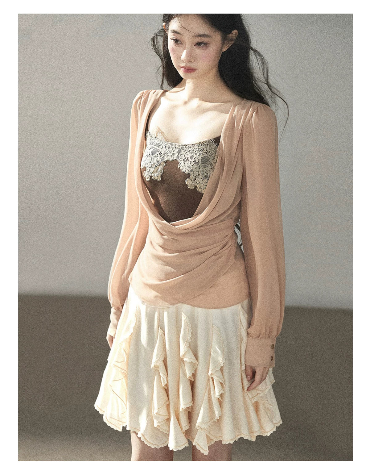 AOMALM - Cinnamon Blush Ruched Wrap Chiffon Top with Lace Cami Set