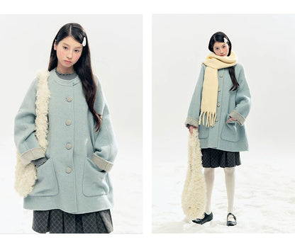 "Double Winter Embrace" Blue & Gray Reversible Wool-Blend Cape Coat