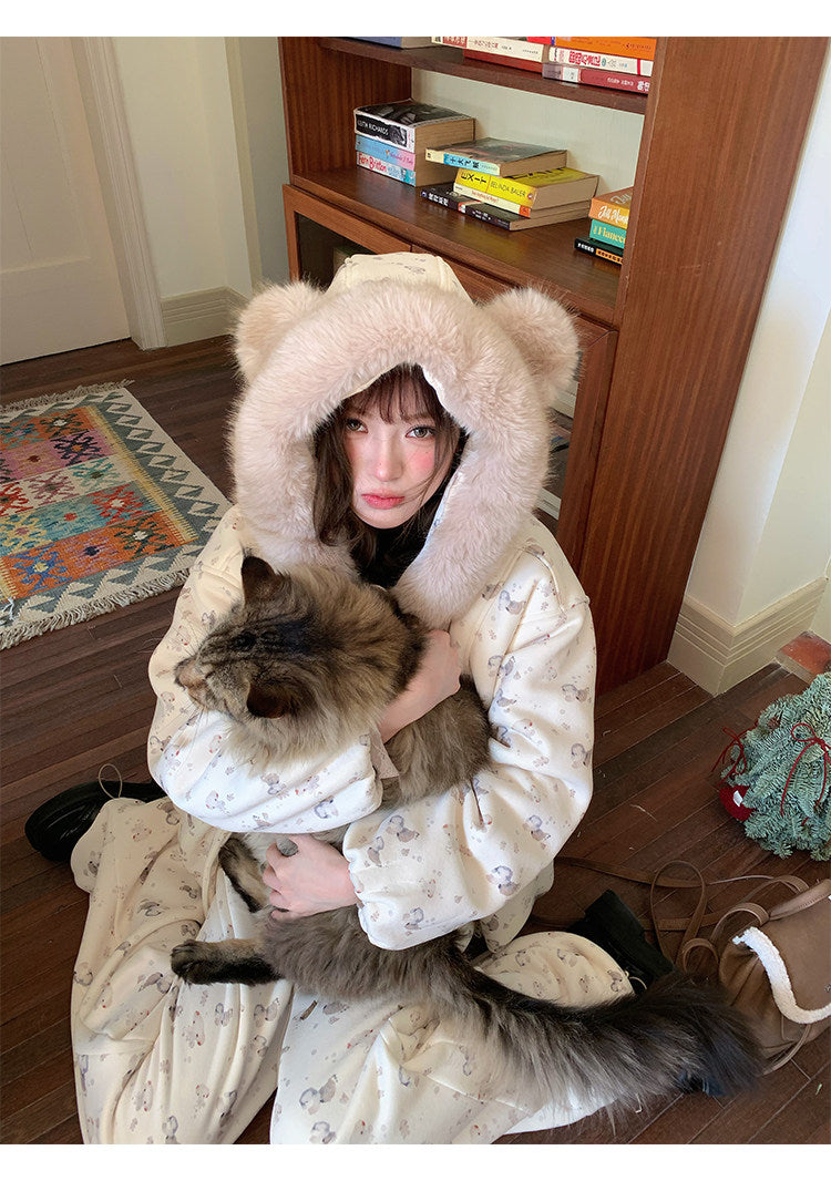 阮阮自制 - Honey Bear Ivory Plush Padded Jacket & Fleece Pants Set