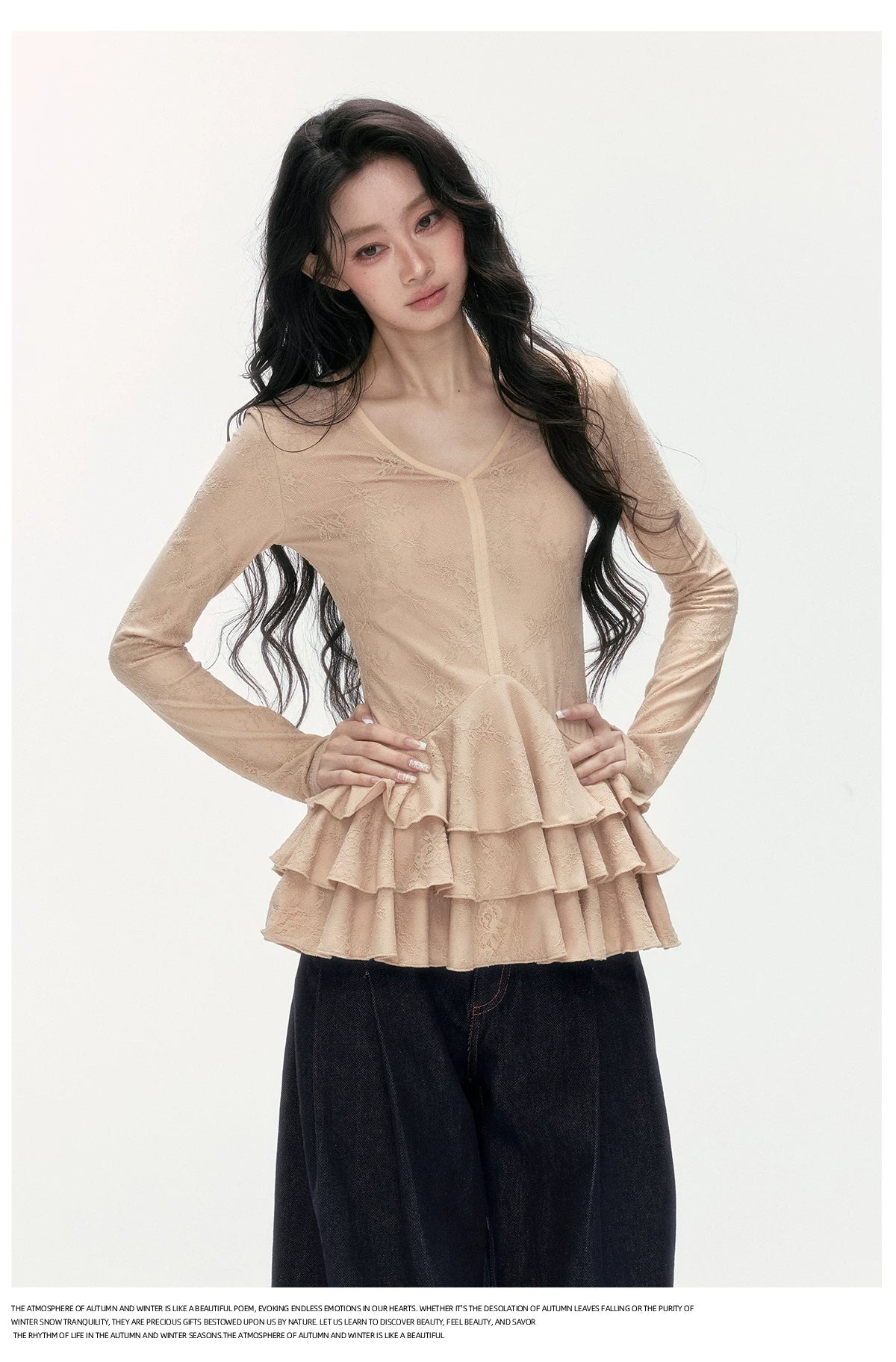 24olvides - V-Neck Lace Top with Tiered Hem (White / Khaki)