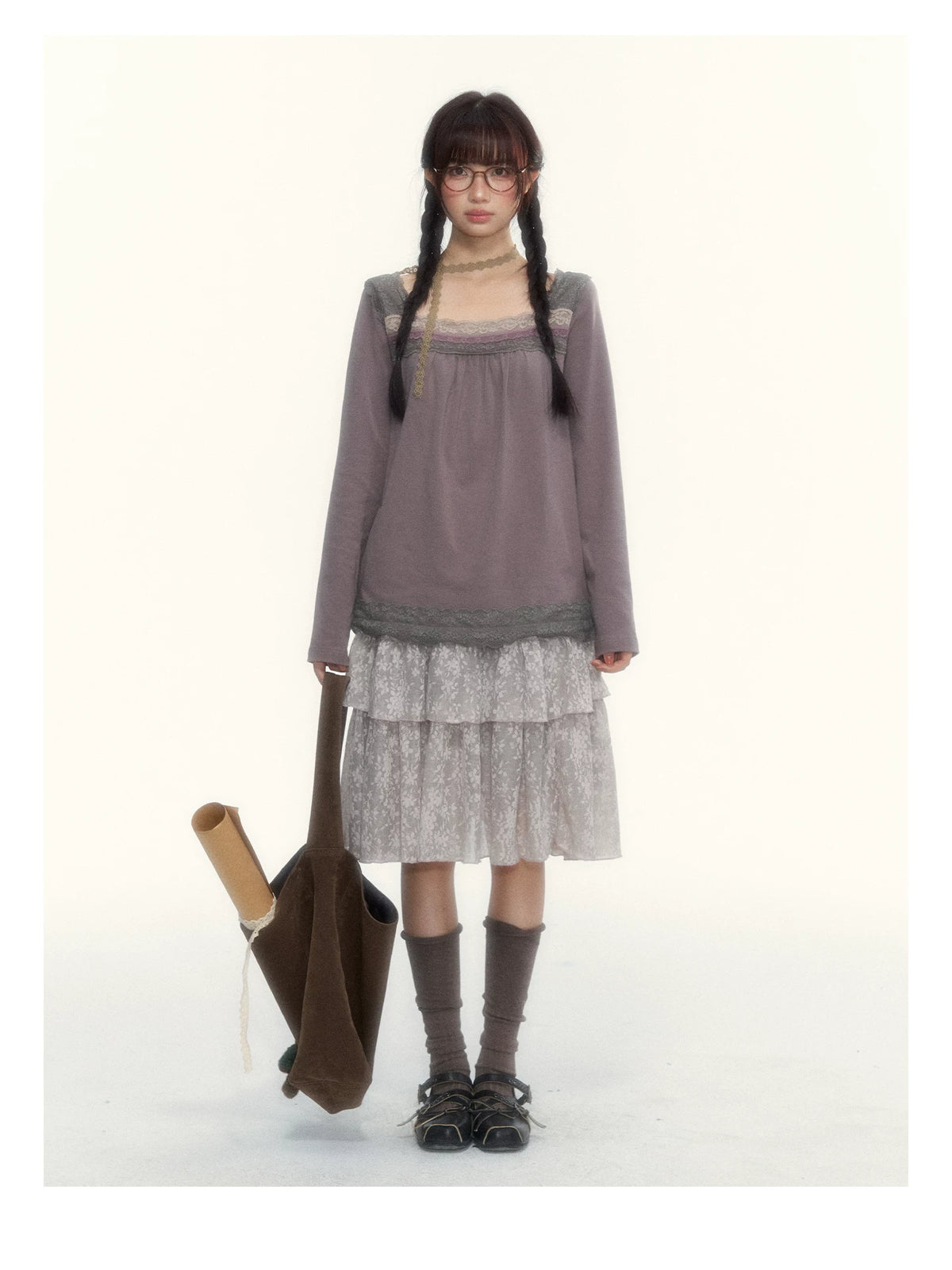 Misty Gray Pink Vintage Lace Tiered A-Line Skirt