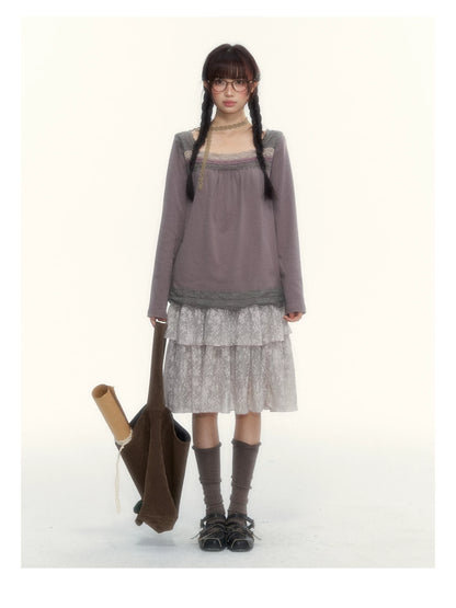 Misty Gray Pink Vintage Lace Tiered A-Line Skirt