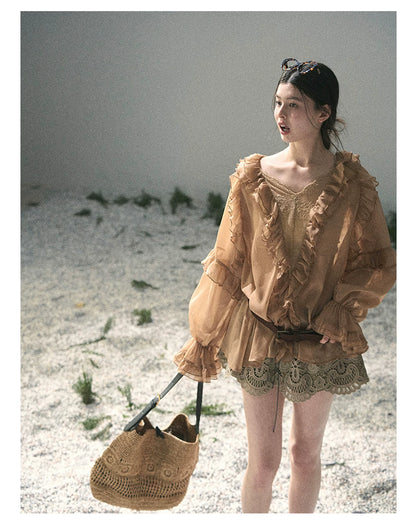 “Whispers of the Wind” Ash Caramel Lace Chiffon Blouse (With Belt)
