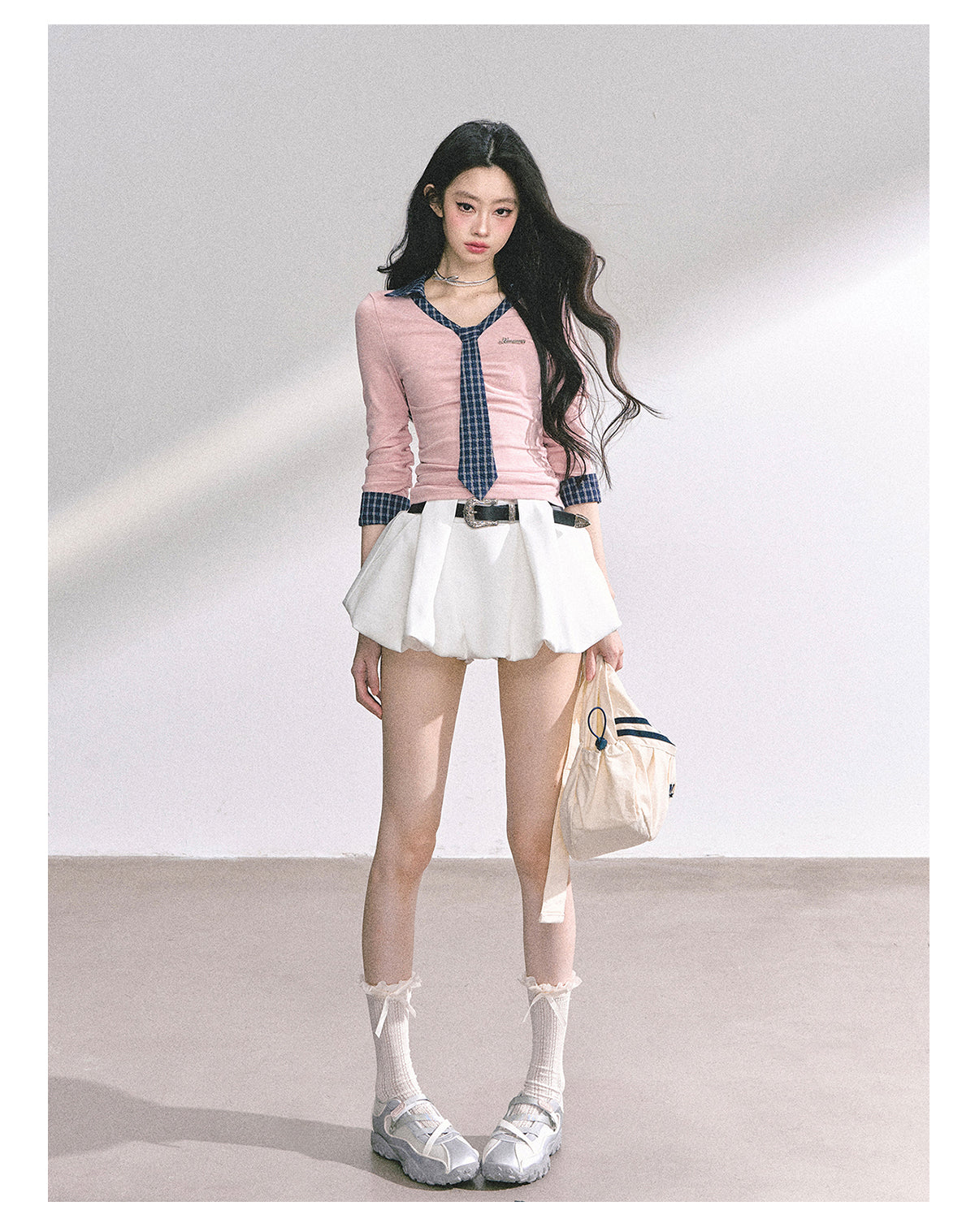 少也眼 "Han Gao Rolecard" Dual-Layer Illusion V-Neck Plaid Waist-Slimming Tee - Pink