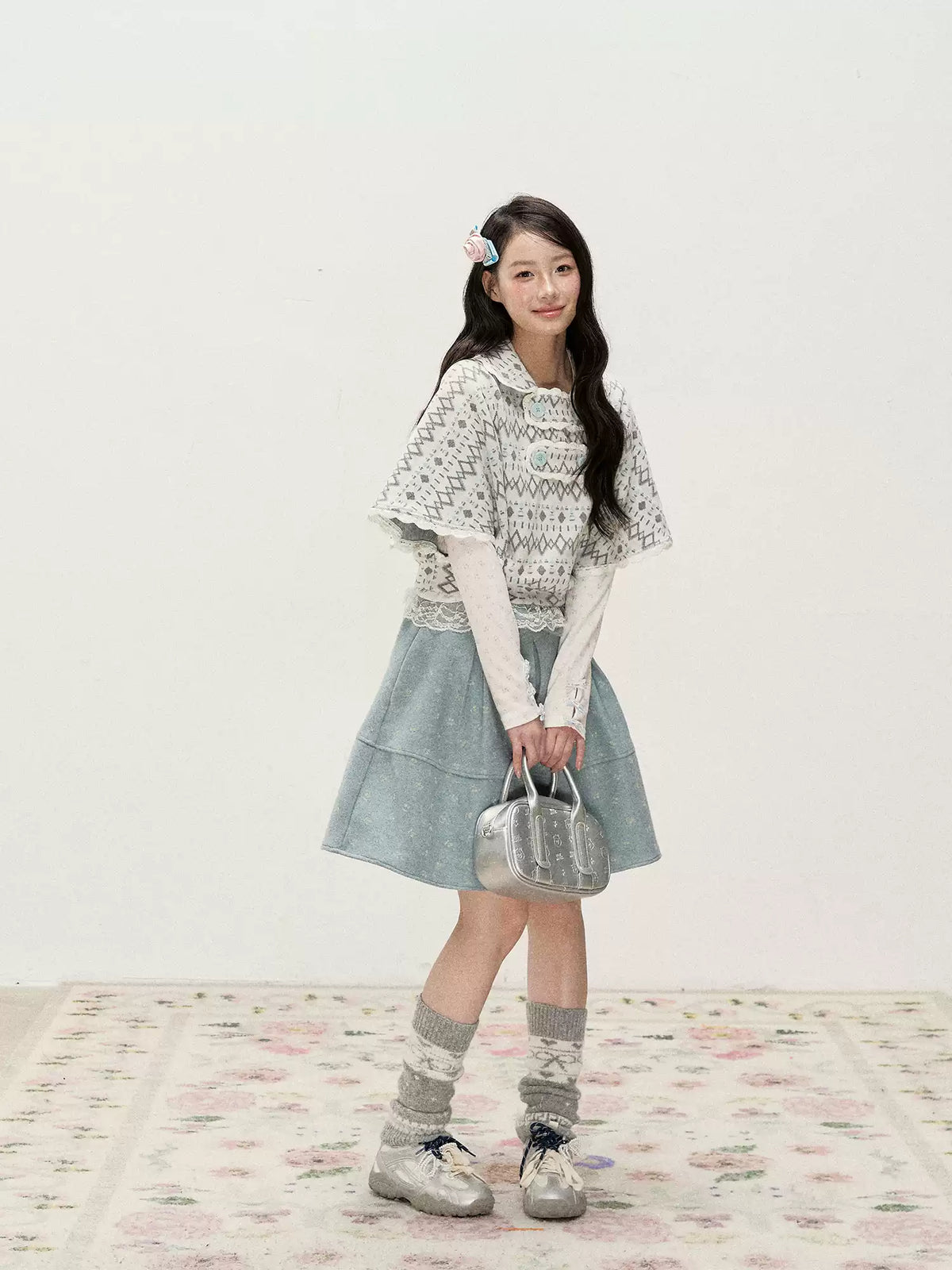 [RF] Mist Gray Argyle Jacquard Cropped Poncho-Style Pullover with Lace Trim