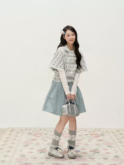 [RF] Mist Gray Argyle Jacquard Cropped Poncho-Style Pullover with Lace Trim