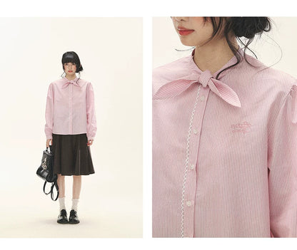 "Blush Poetry" Pink Stripe Cotton Bow Blouse