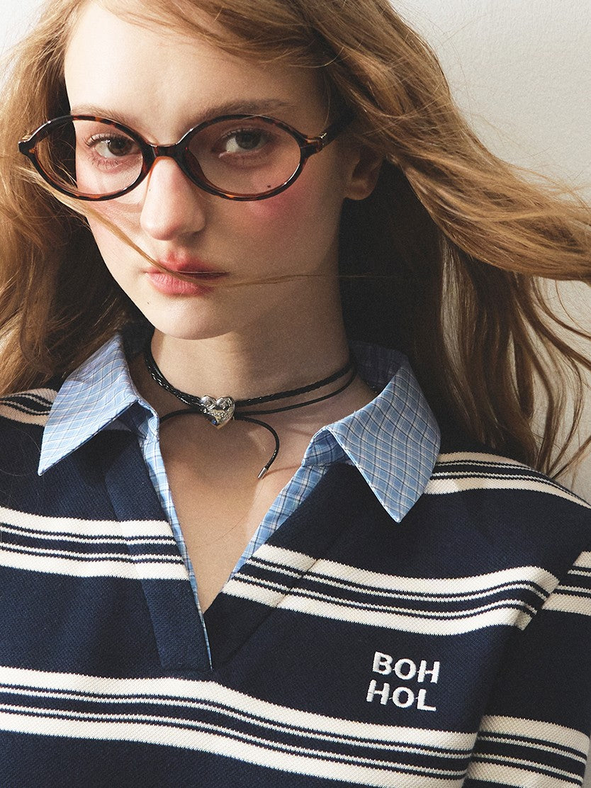 "路过书店" Miu-Inspired Contrast Stripe Faux-Layered Knit Top