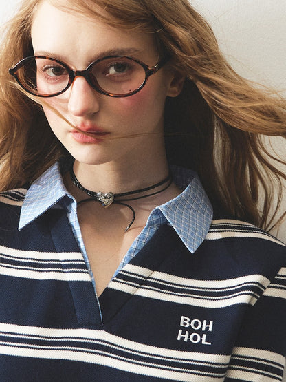 "路过书店" Miu-Inspired Contrast Stripe Faux-Layered Knit Top