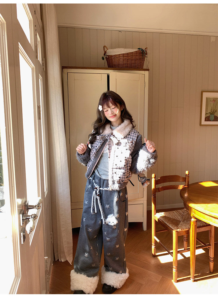 阮阮自制 - "Cold Star Snow" Faux Fur Star Print Fleece Jogger Pants