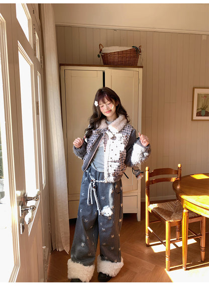 阮阮自制 - "Cold Star Snow" Faux Fur Star Print Fleece Jogger Pants