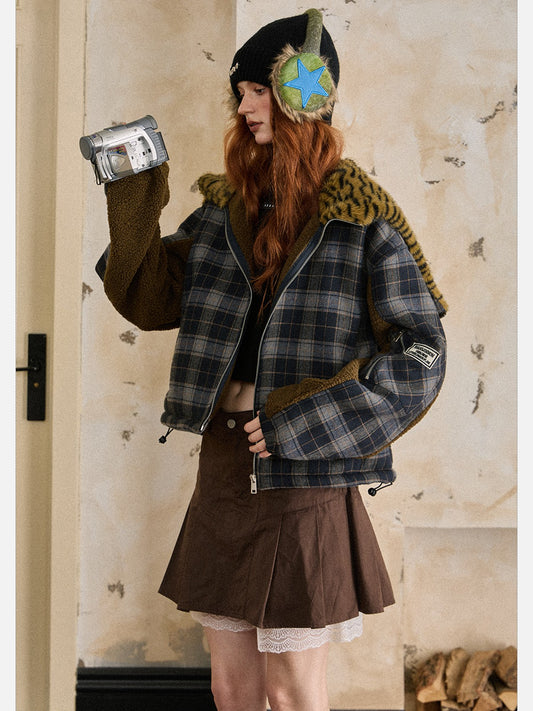 EZEK - Plaid Puffer Jacket with Detachable Leopard Hood