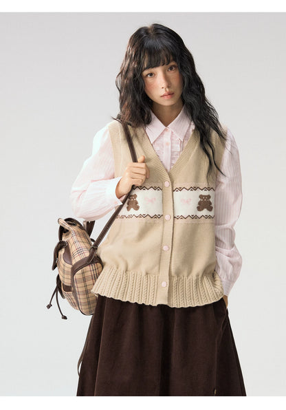 [CAN] "Bear Waltz" Brown Bow Jacquard Knit Vest