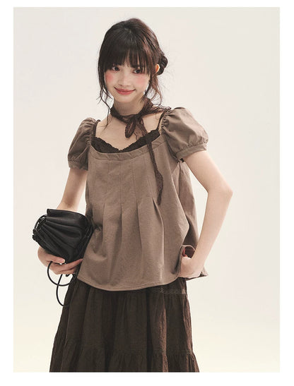 "Tea Brown Reverie" Tea Brown Off-Shoulder Puff Sleeve Knit Top