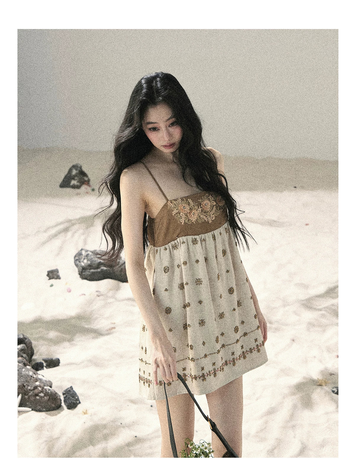 "Whispers Through the Wheat Fields" Oat Beige Floral Cami Babydoll Mini Dress