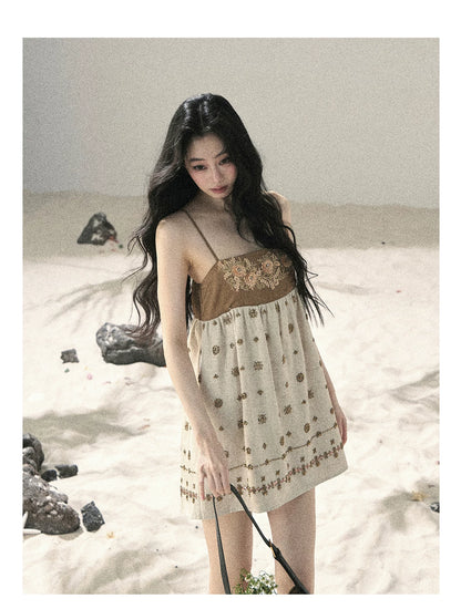 "Whispers Through the Wheat Fields" Oat Beige Floral Cami Babydoll Mini Dress