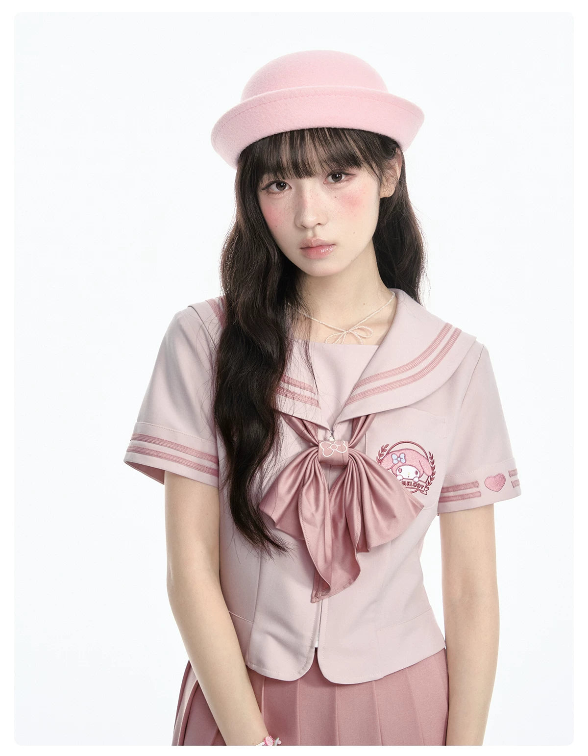"Cherry Melody" Pink Sailor Uniform Set (Sailor Collar Shirt + Pleated Skirt + Ribbon Bow)