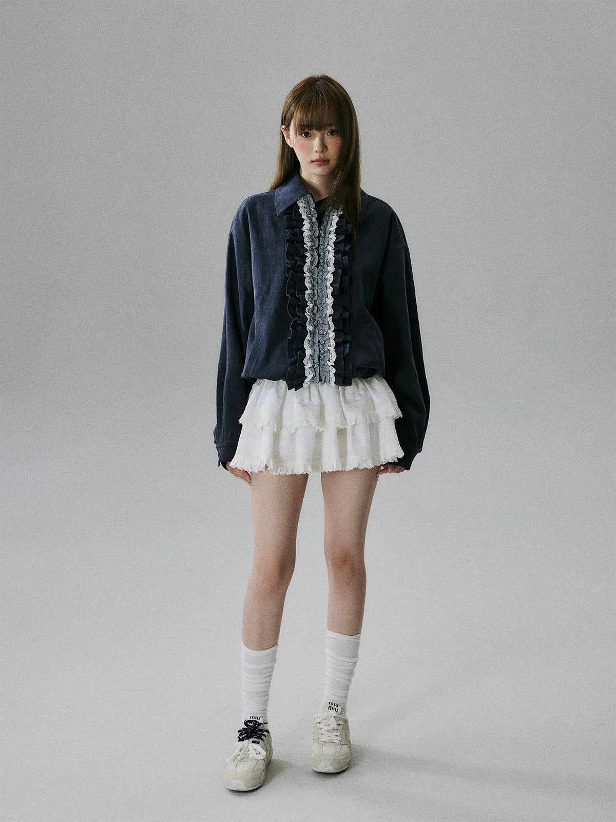 LOST FOREST - Navy Ruffle-Trim Cotton Jacket