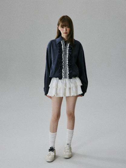 LOST FOREST - Navy Ruffle-Trim Cotton Jacket
