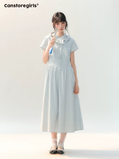 170726C "Dawn Island" Blue Puff Sleeve Doll Collar Dress