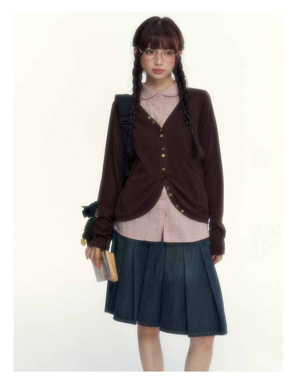 “Chestnut Book Knit” Red Brown Faux-Layered Colorful Button Cardigan