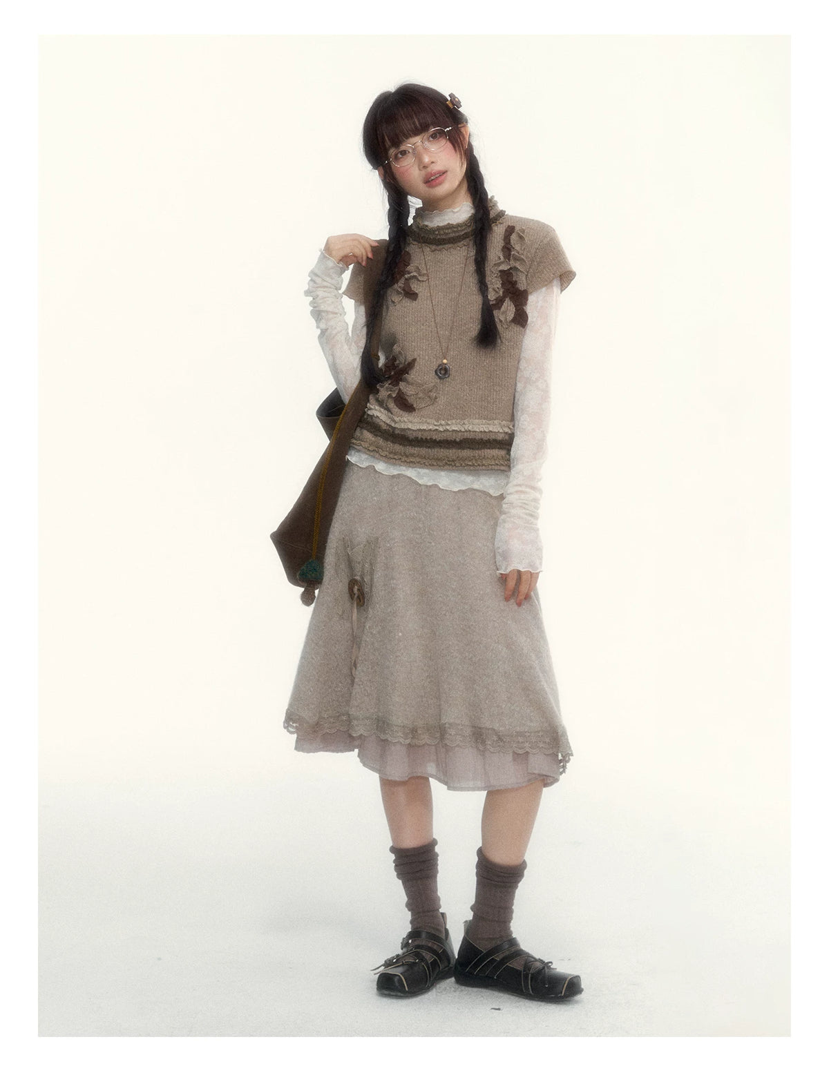 Milk Coffee Vintage Lace Knit A-Line Skirt