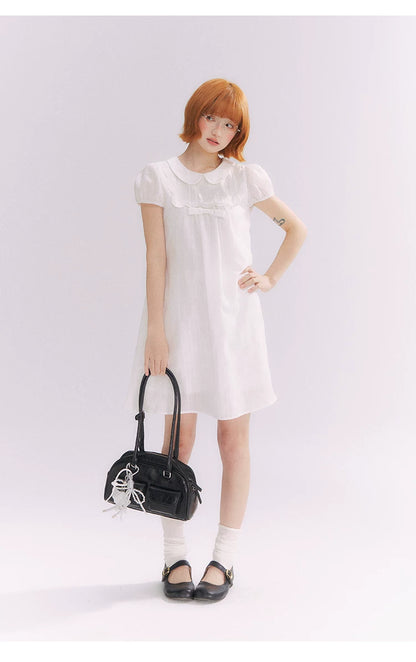 “Lace Sleep Song” White Embroidered Puff Sleeve Babydoll Dress