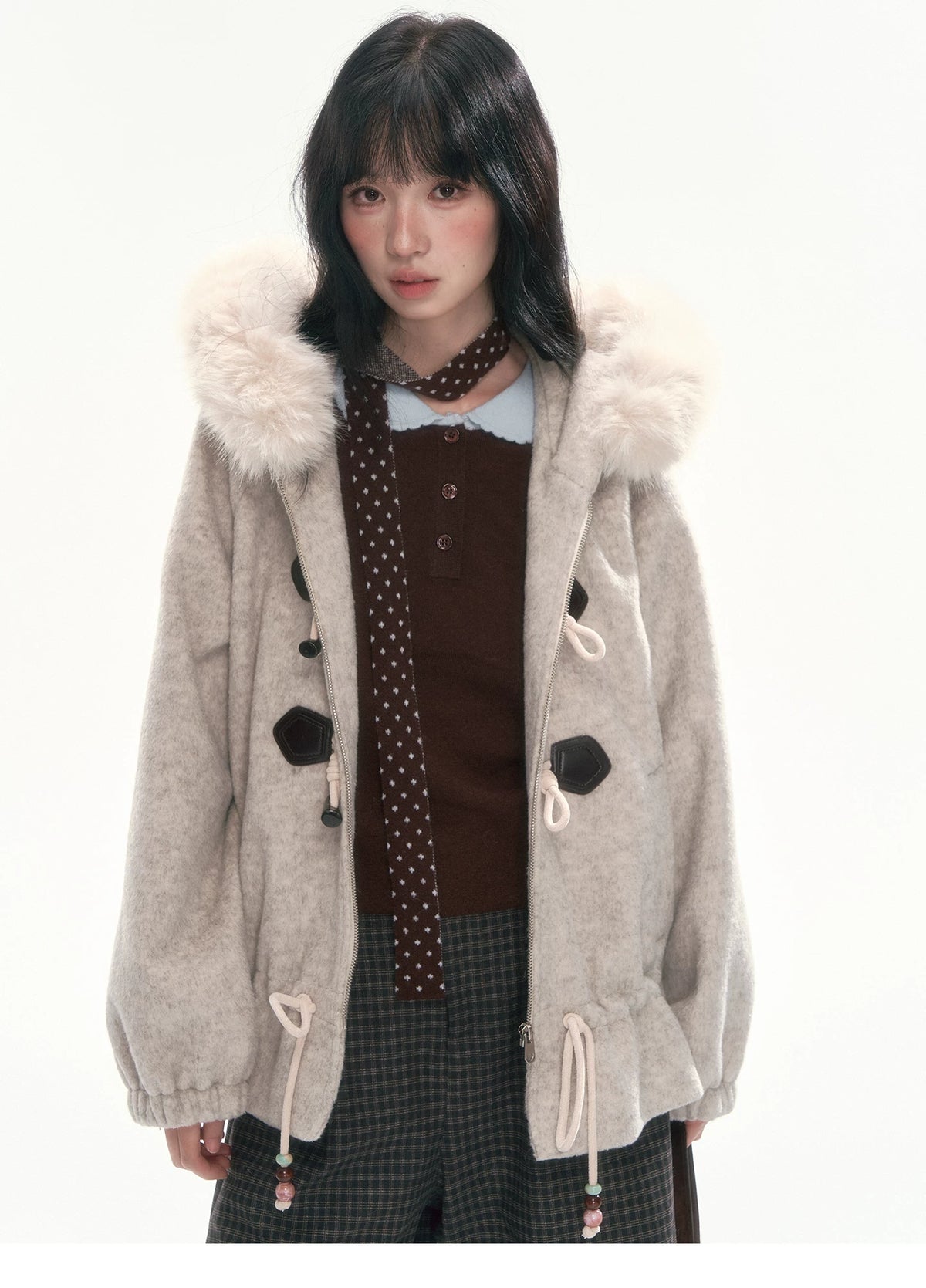CAN - "Frosted Cloud Reverie" Beige Gray Detachable Faux-Fur Collar Wool-Blend Jacket