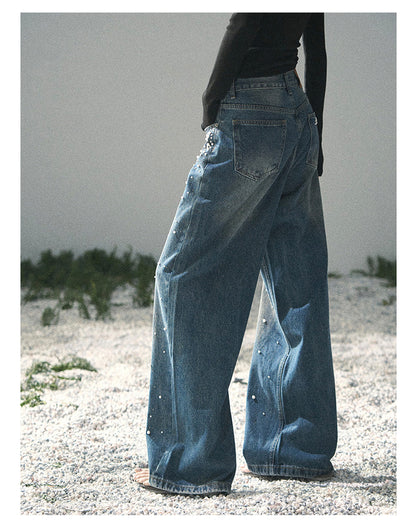 “Blue Shimmer Notes” Deep Indigo Embellished Wide-Leg Jeans