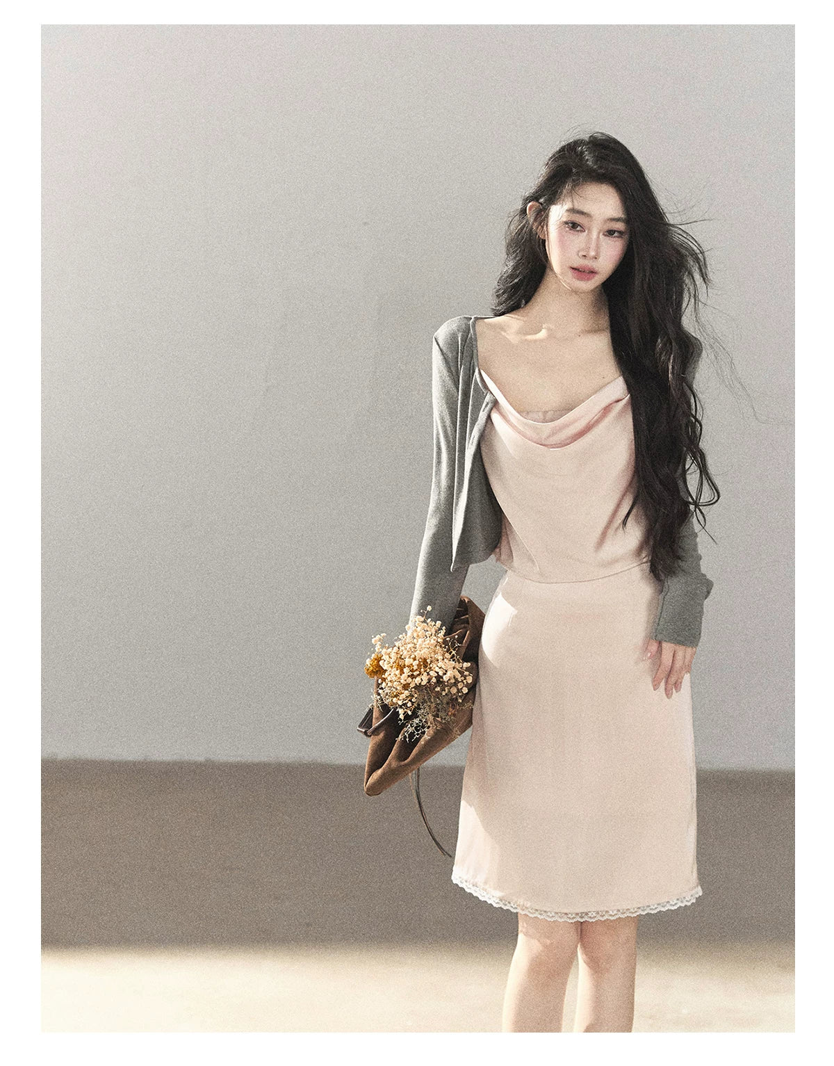 AOMALM - Glacier Pink Satin Cami & Skirt Set with Paris Gray Knit Cardigan