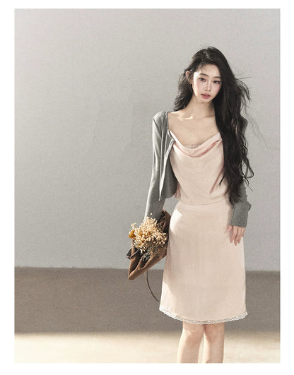 AOMALM - Glacier Pink Satin Cami & Skirt Set with Paris Gray Knit Cardigan