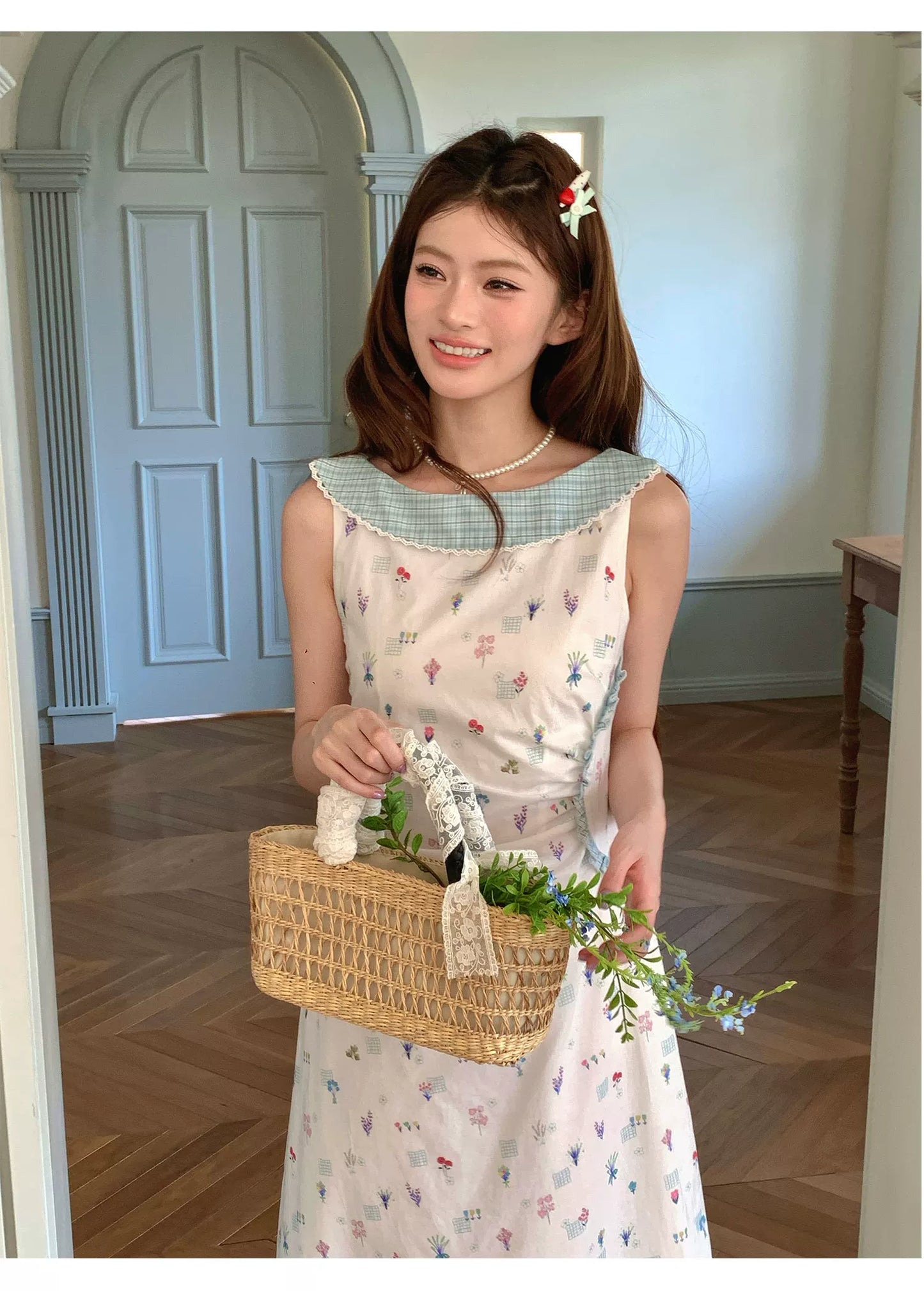 “Blue Meadow Letter” Misty Blue Floral Maxi Dress