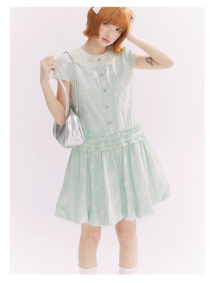 “Mint Lime” Green Stripe Lace Babydoll Dress