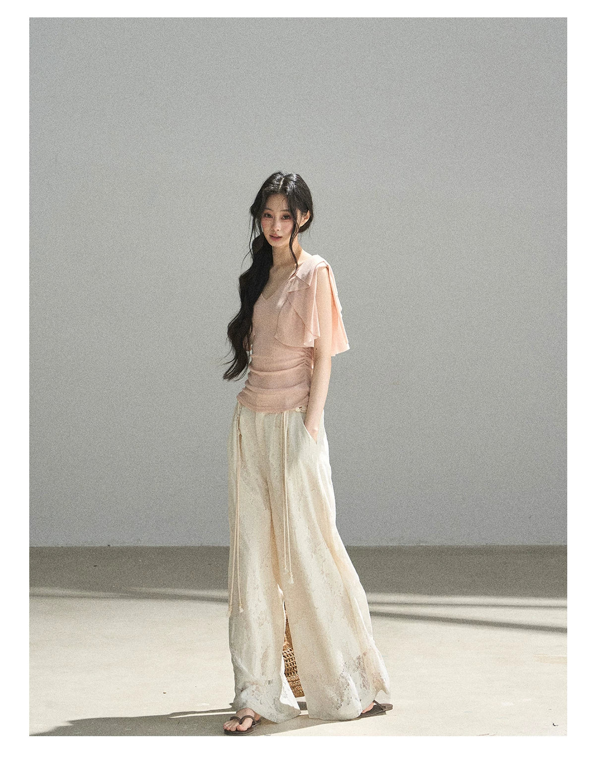 "A Love Letter to Sunlight" Dutch Cream Lace Wide-Leg Pants (With Matching Waist Rope)
