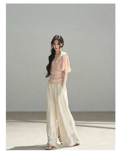 "Where Clouds Fall" Ruffle Sleeve V-Neck Crop Top (Forest Green/ Sage Gray/ Misty Blue/ Cinnamon Pink)