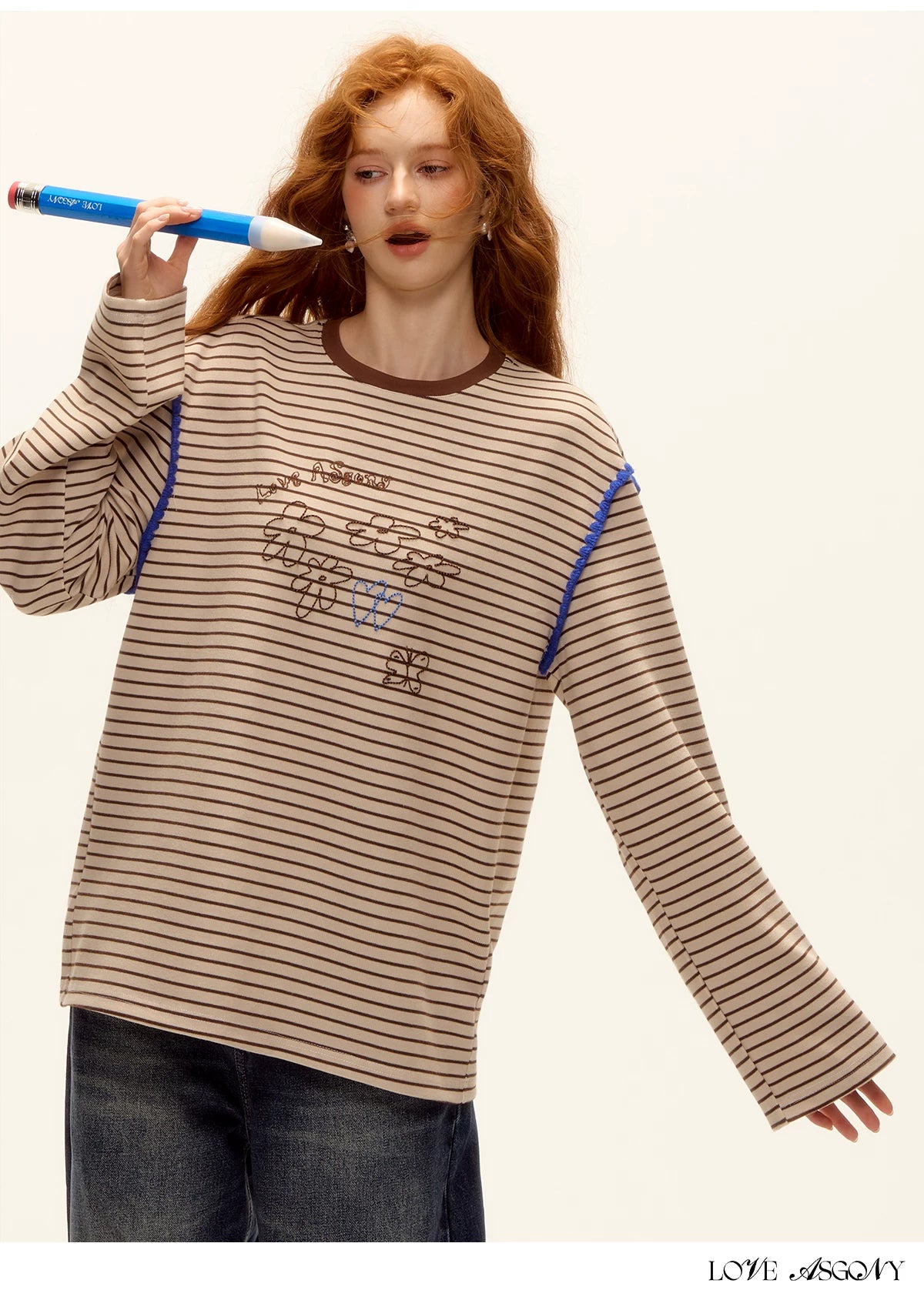 ASGONY - Striped Contrast Embroidered Shell Stitch T-Shirt