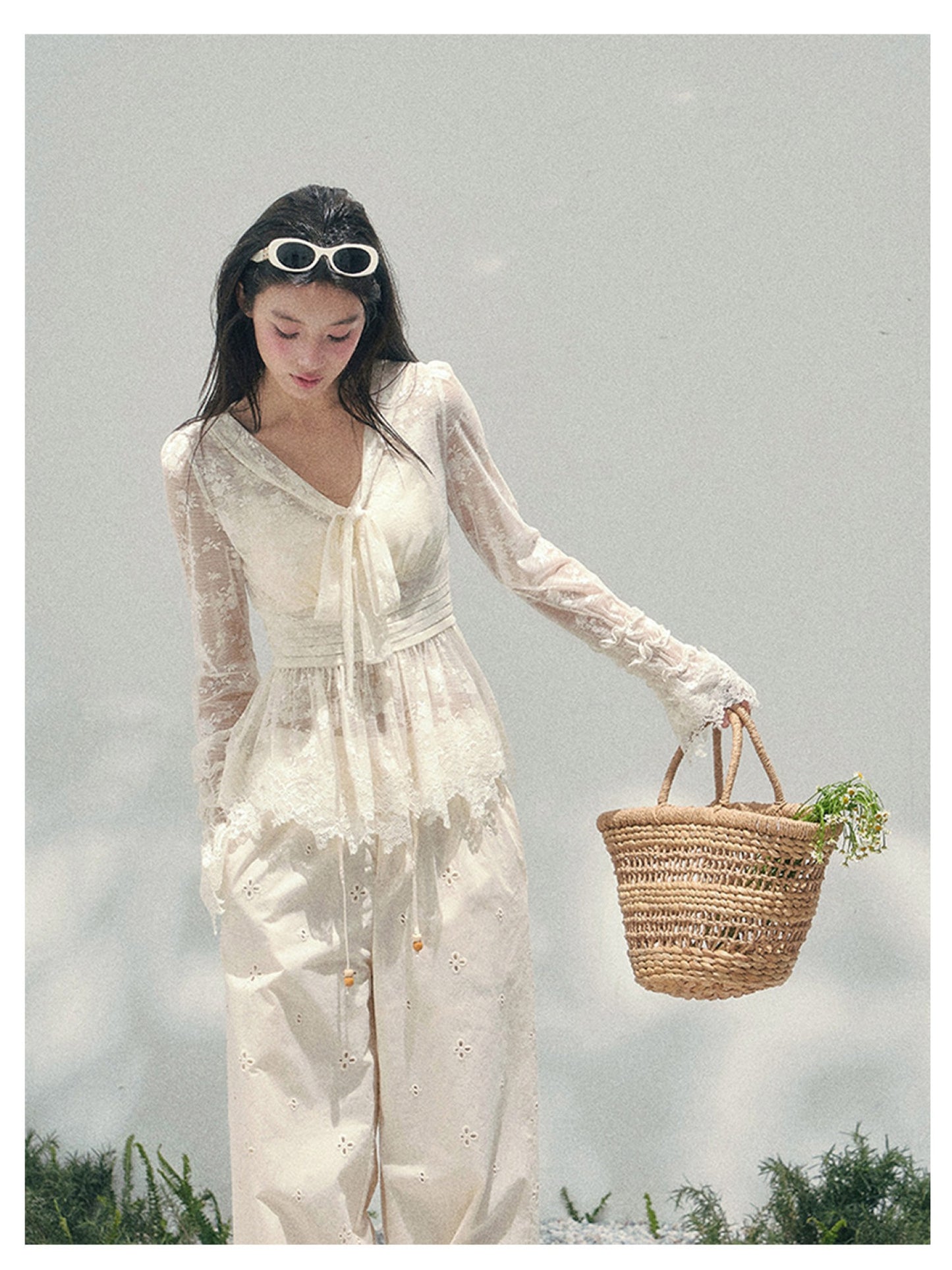 少也眼 “Lace’s Fading Dream” Sheer Lace V-Neck Cinched Top 53663788558