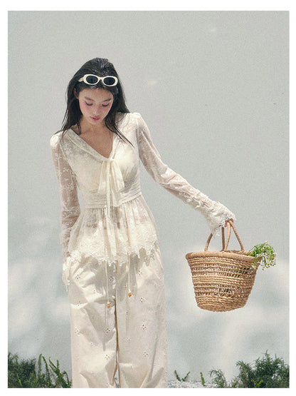 少也眼 “Lace’s Fading Dream” Sheer Lace V-Neck Cinched Top 53663788558