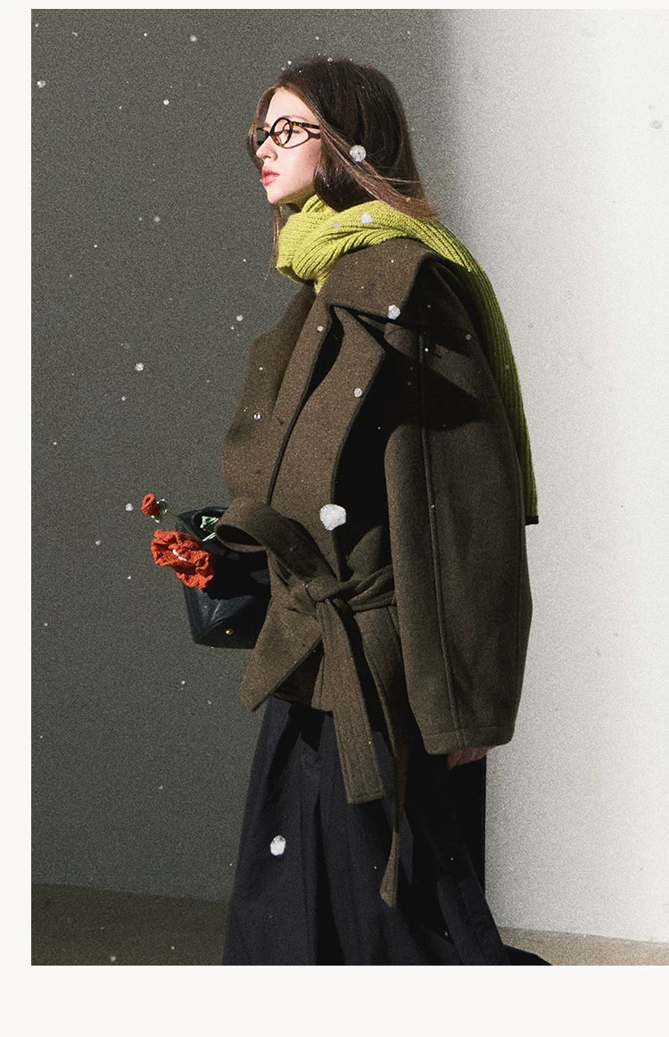 OAKMOO/ "The Flowers Are in Full Bloom" Jade Green Wool-Blend Short Belted Coat
