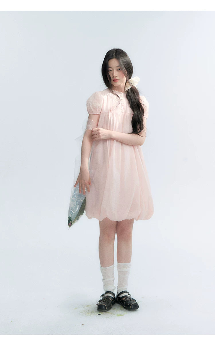 "Little Princess" Strawberry Pink Lace Bow Bubble Hem Midi Dress
