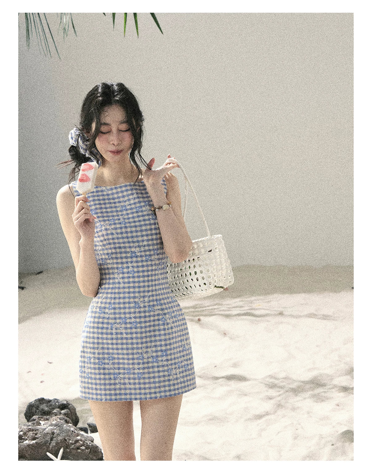 "Sea Breeze Reverie" Sky Blue Embroidered Plaid Mini Dress (With Matching Scrunchie)