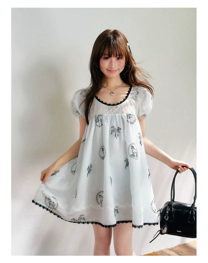 “Brown Sugar Fairytale” Blue Embroidered Puff Sleeve Dress