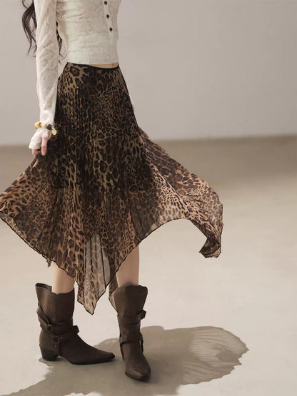 AOMALM - “Cocoa Leopard” Pleated Asymmetric Midi Skirt