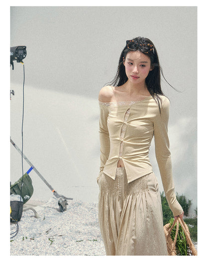 少也眼 “She Becomes Poetry in Motion” Layered One-Shoulder Lace Top - Toasted Rice Beige 78967896