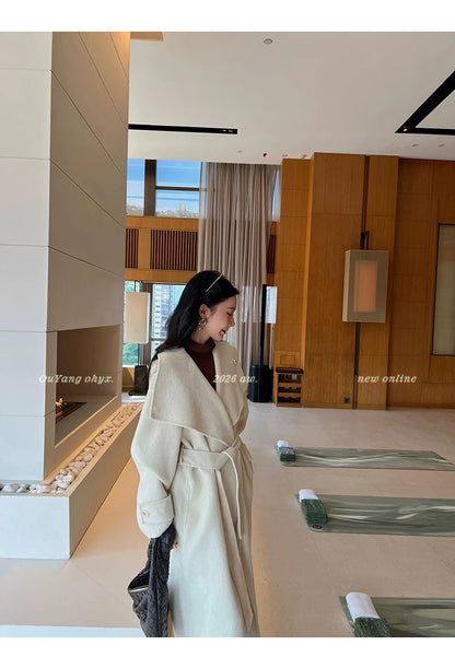 QuQuOuYang - 100% Wool Double-Face Belted Coat with Convertible Collar