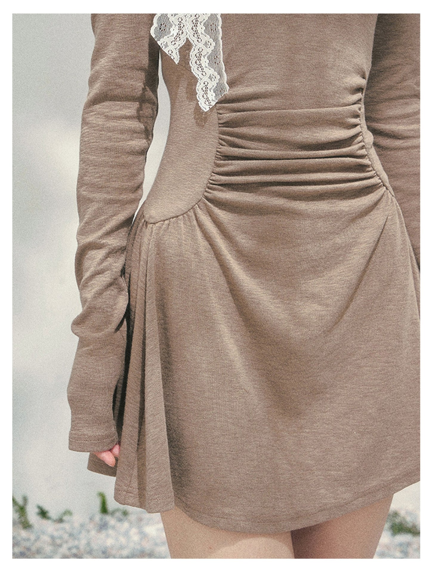 少也眼 “Lingering Warmth Entwined” Layered French Lace One-Shoulder Mini Dress - Milk Tea Beige 5435553