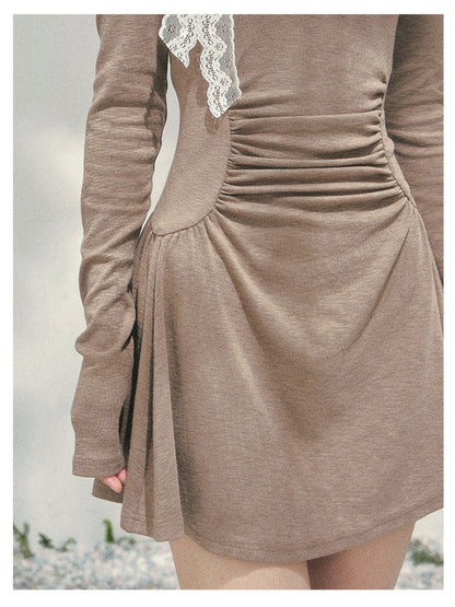 少也眼 “Lingering Warmth Entwined” Layered French Lace One-Shoulder Mini Dress - Milk Tea Beige 5435553