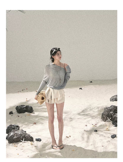 "Misty Veil Whisper" Cloud Trail Gray Off-Shoulder Sheer Sun Protection Top 5345634