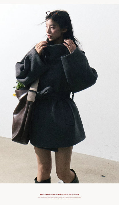 OAKMOO/ "The Breath of Time" Classic Gray Wool-Blend Belted Short Coat